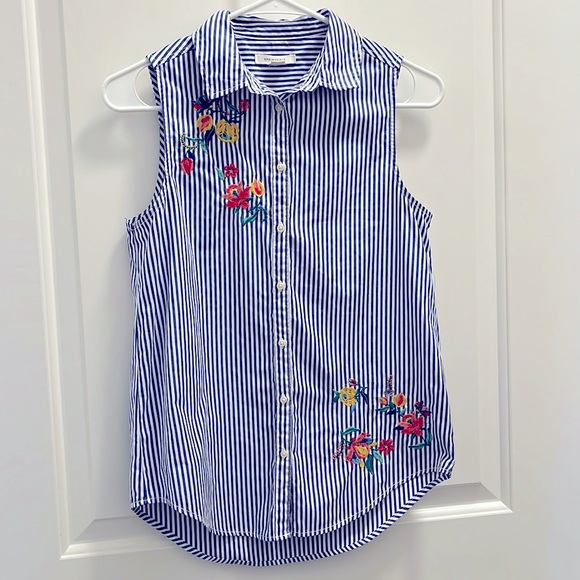 Springfield Blue & White Stripe Sleeveless Blouse with Collar and Floral Stitch - Picture 1 of 6